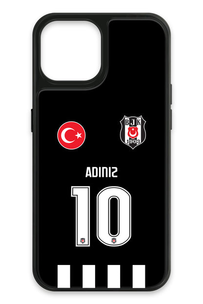 Beşiktaş Kişiye Özel Siyah Forma iPhone 14 Cam Telefon Kılıfı