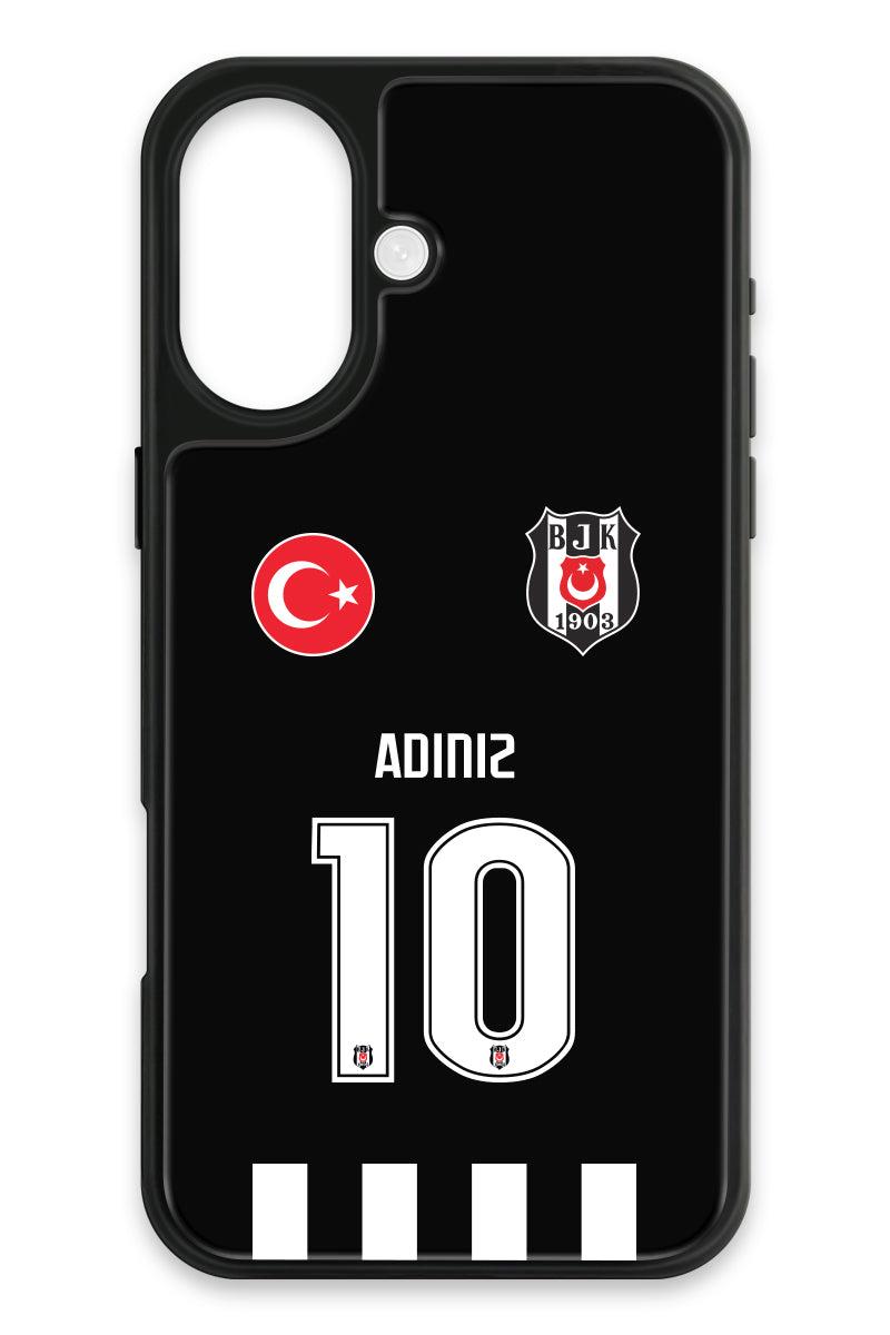Beşiktaş Kişiye Özel Siyah Forma iPhone 16 Cam Telefon Kılıfı