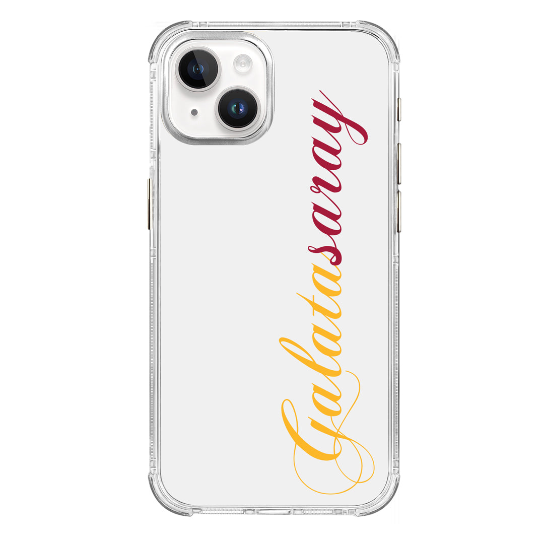 Galatasaray El Yazı Sarı Kırmızı Şeffaf iPhone 15 Telefon Kılıfı