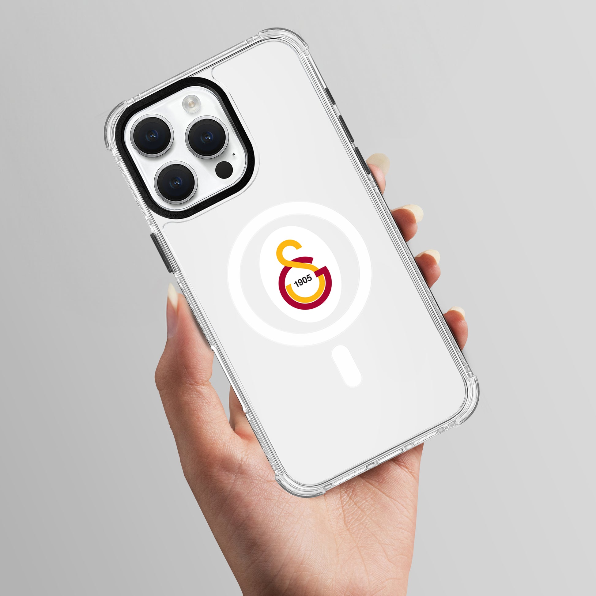 Galatasaray Magsafe Parçalı Logo Şeffaf iPhone 16 Pro Max Telefon Kılıfı