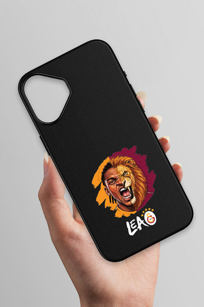 Galatasaray iPhone 16 Deri Kılıf Aslan Tasarım